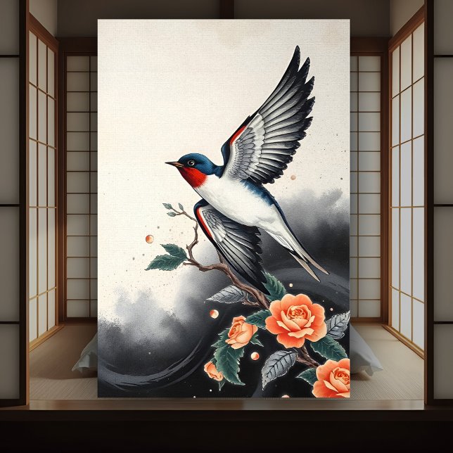 Poster Pássaro Tradicional de Engorda Elegante Japonês (Swallow in flight poster art with orange rose flowers in the style of traditional Japanese art.)