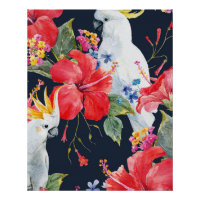 Pássaro Tropical Aquarela Vermelha Hibiscus Flor
