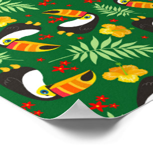 Poster Pássaro Verde Folha Laranja Flor Vermelha Tropical