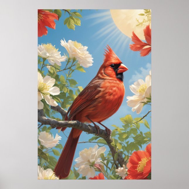 Poster Pássaro Vermelho ao sol e flores (Frente)