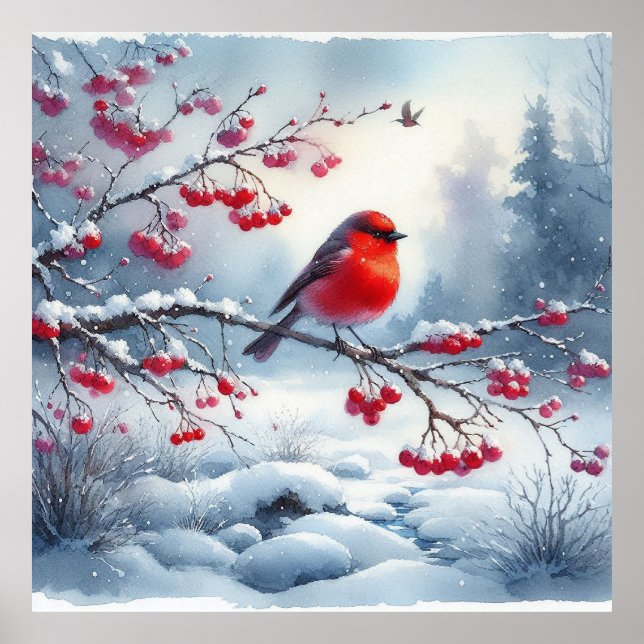 Poster Pássaro Vermelho e Paisagem de inverno 13 (Frente)