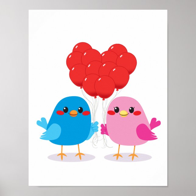 Poster Pássaros adoram balões cardíacos (Frente)