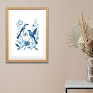 Poster Pássaros Azuis Brancos e Flores Florais Aquarela