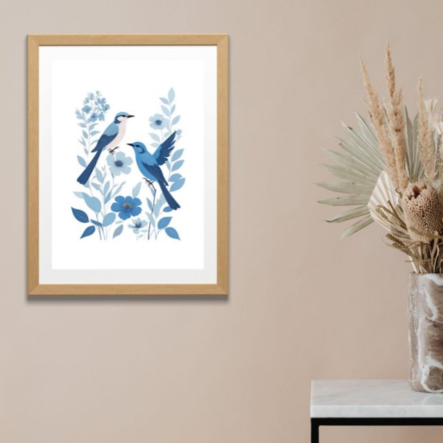 Poster Pássaros Azuis Brancos e Flores Florais Aquarela  (Blue Birds and Flowers Watercolor Blue White Floral Botanical Nature Wall Art Poster Print)