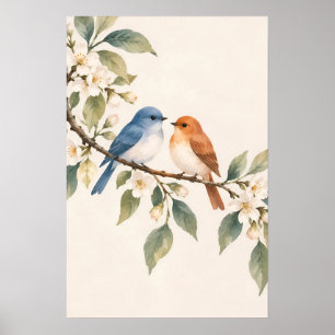 Poster Pássaros Azuis e Laranjas no Ramo Florido Botanica