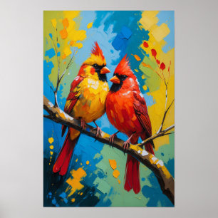 Poster Pássaros Cardinais Brilhantes Empoleirados no Ramo