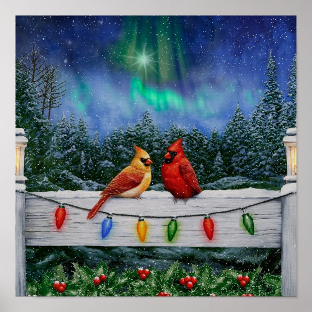 Poster Pássaros Cardinals e Luzes de Natal (Frente)