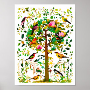Poster Pássaros Coloridos em uma Árvore Florida