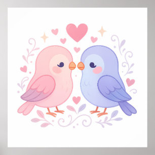 Poster Pássaros de Amor Fofos Ilustração Pastel Romântica