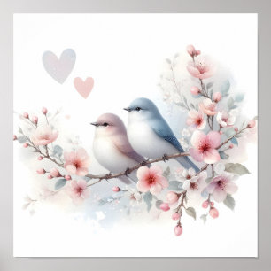 Poster Pássaros de Amor na Primavera Flor de Cerejeira Fl