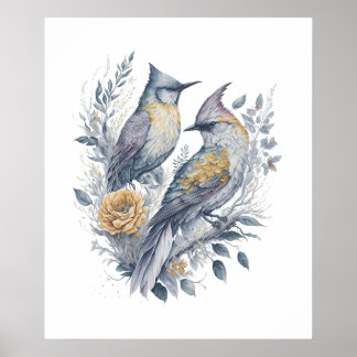 Poster Pássaros de Aquarela na Flower Branch