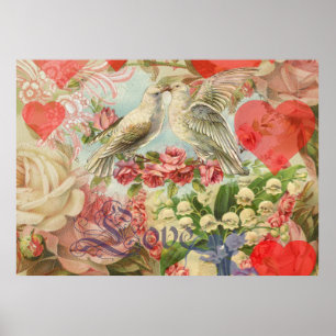 Poster Pássaros do Amor Vintage Antigo Coração