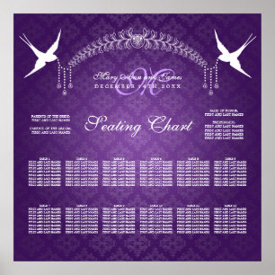 Pôster Pássaros do Gráfico de Casamento Monograma Roxo