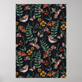 Poster Pássaros do Jardim Escuro e Borboletas