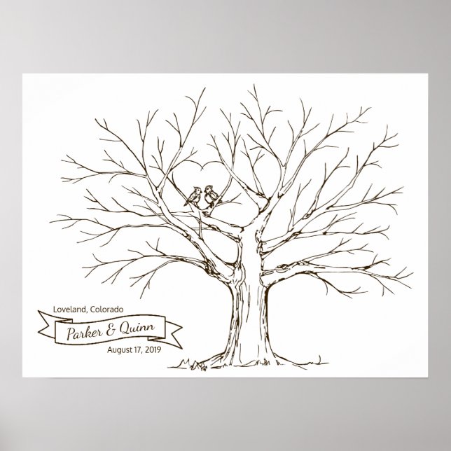 Poster Pássaros em Oak Tree Heart Fingerprint Guestbook (Frente)