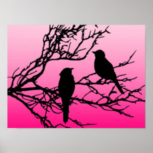 Pôster Pássaros em um Galho, Preto Contra Rosa Aurora