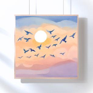 Poster Pássaros em Voo Pôr do Sol Natureza Aquarela