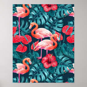 Poster Pássaros Flamingo e aquarela de jardim tropical