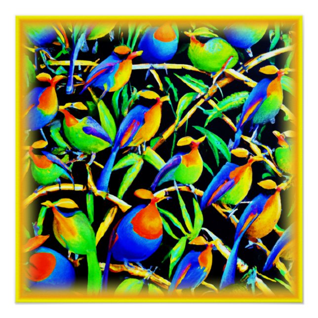 Pôster Pássaros Na Pintura De Árvores. Comprar Agora (Frente)