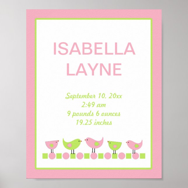 Pôster Pássaros Rosa e Verde Rapariga Arte de Muro (Frente)