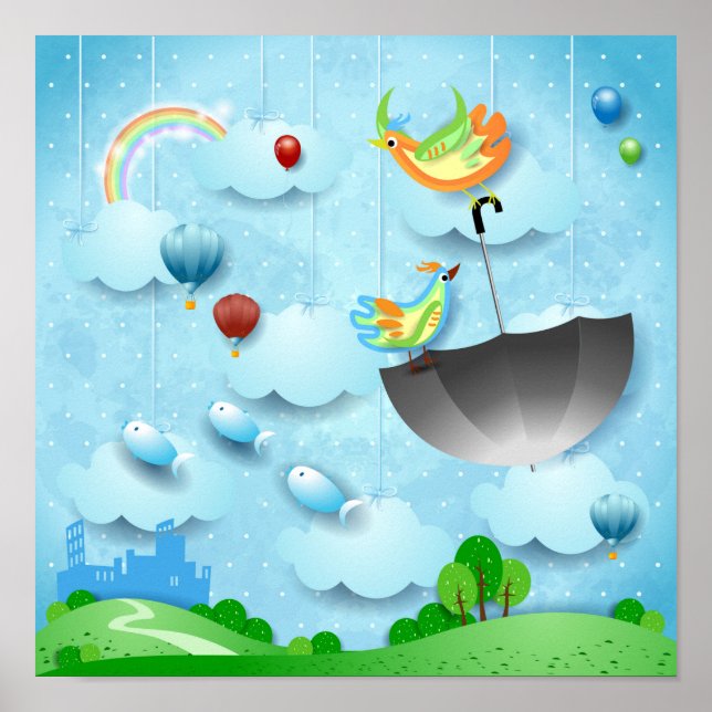 Poster Pássaros voadores e guarda-chuva sobre a cidade (Frente)