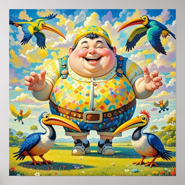 Poster Pássaros voando ao redor de um homem feliz (Frente)