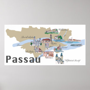Pôster Passau Alemanha destaca o mapa