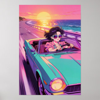 Poster Passeio Costeiro Retrô Anime Sunset dos Anos 90