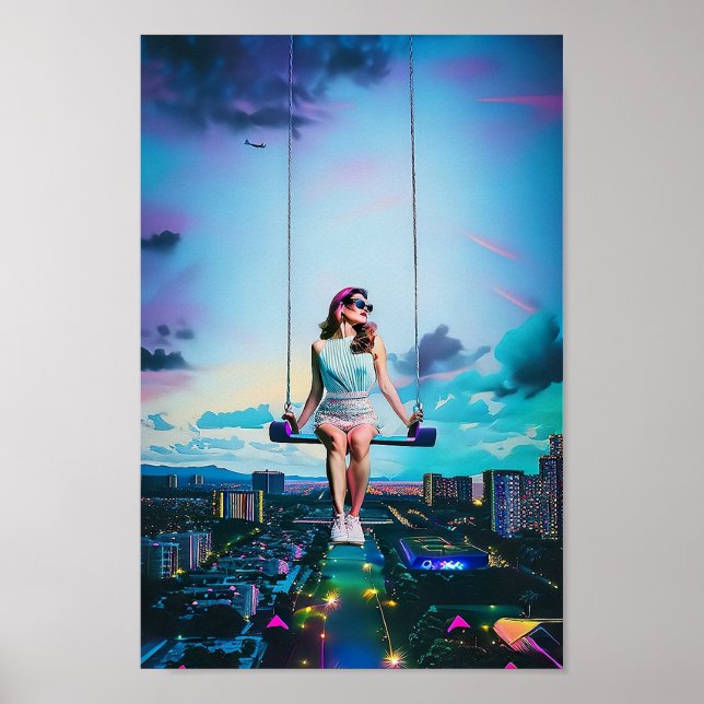 Poster Passeio da garota por cima da cidade de Synthwave (Frente)