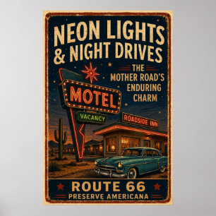 Poster Passeio Noturno no Motel Vintage Route 66 com Neon