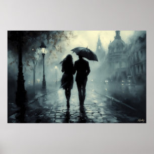 Poster Passeio Noturno Romântico sob a Chuva Arte