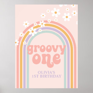 Poster Pastel Arco-Íris Retro Groovy  Um 1º Aniversário