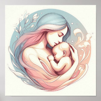 Poster Pastel Art minimalista da mãe com o bebê