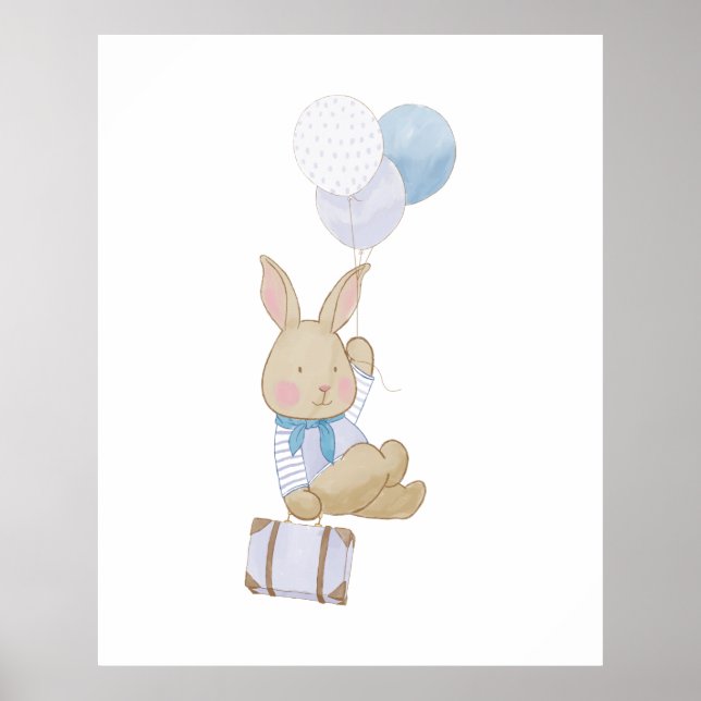 Poster Pastel Azul Ballons Coelhinhos Decor (Frente)