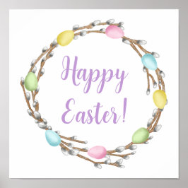 Poster Pastel Eggs Willow Wreath Colorful Happy Easter