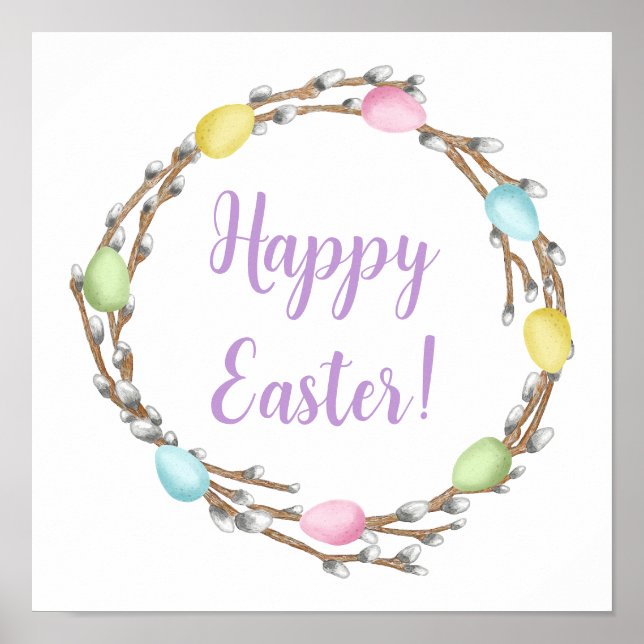 Poster Pastel Eggs Willow Wreath Colorful Happy Easter (Frente)