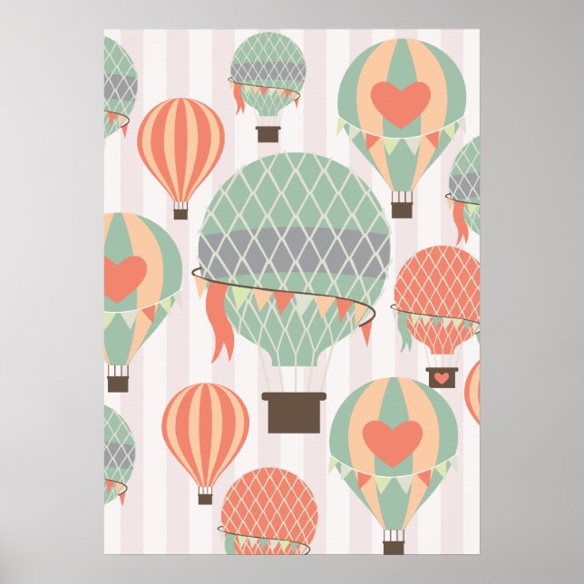 Poster Pastel Hot Air Balloons Rising Pink Striped Sky (Frente)