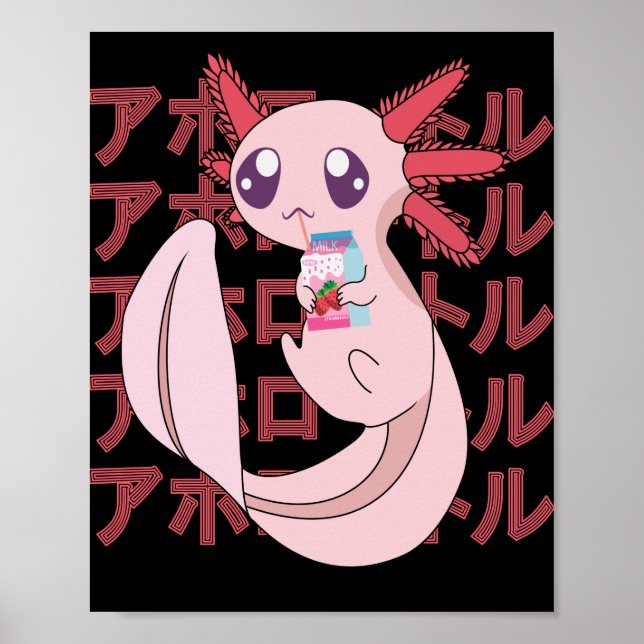 Poster Pastel Kawaii Axolotl Strawberry Milkshake Japanes (Frente)