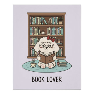 Pôster Pastel Poodle Puppy Dog with Books Glossy Poster