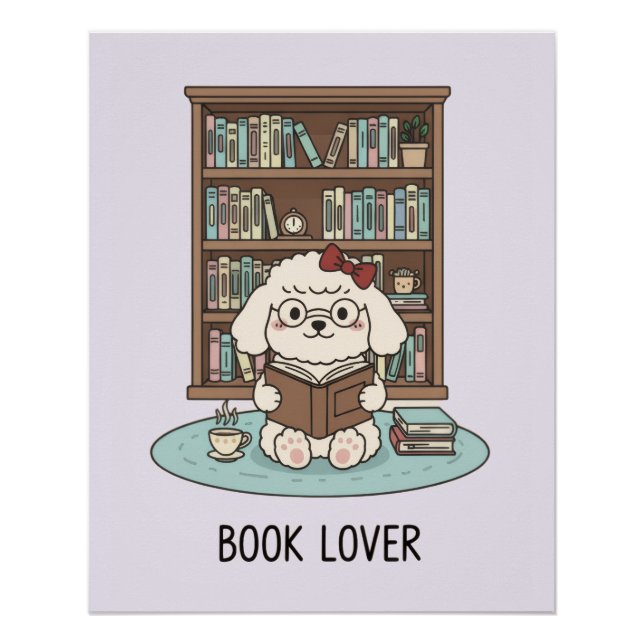 Pôster Pastel Poodle Puppy Dog with Books Glossy Poster (Frente)