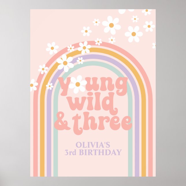 Poster Pastel Rainbow Retro Young Wild Três aniversário d (Frente)