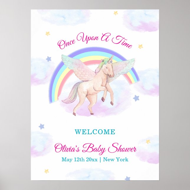 Poster Pastel Unicorn Star Rainbow Baby Shower Welcome (Frente)