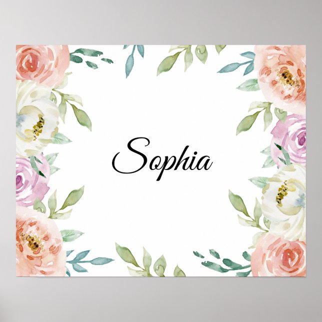 Poster Pastel Watercolor Floral com Nome Personalizado (Frente)