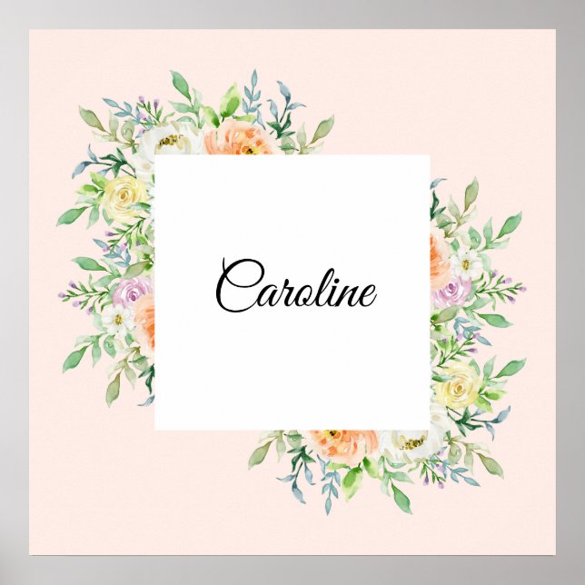 Poster Pastel Watercolor Floral com Nome Personalizado (Frente)