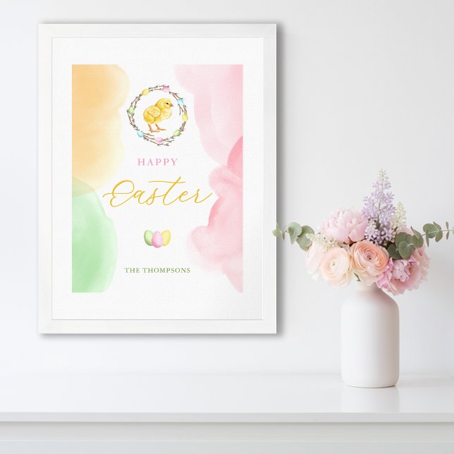 Poster Pastel Watercolor Splashes And Chick Happy Easter (Disclaimer: This image is a digital mockup.)
