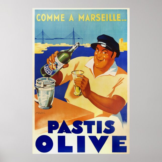 Poster Pastis Olive vem a Marselha 1936 vintage french (Frente)