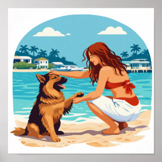 Poster Pastor Alemão Feliz E Mulher Se Conectando Na Prai