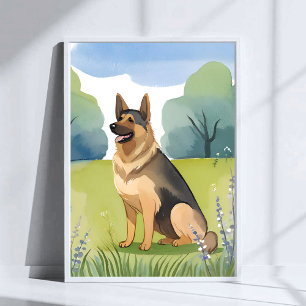 Poster Pastor Alemão   Pintura em Aquarela de Cachorro