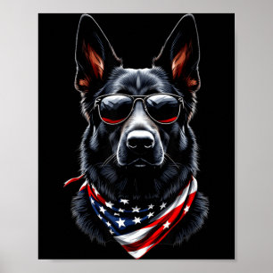 Poster Pastor Alemão Preto Bandeira Americana 4 de Julho