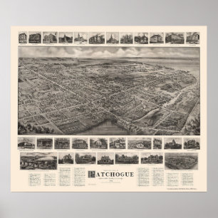 Pôster Patchogue, mapa panorâmico de NY - 1906